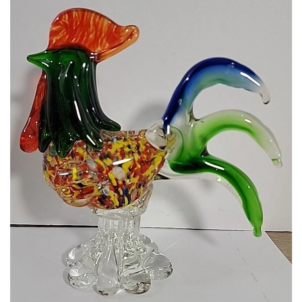 Hand Blown Murano‎ Style Glass Rooster Figurine Multicolored Farmhouse Country